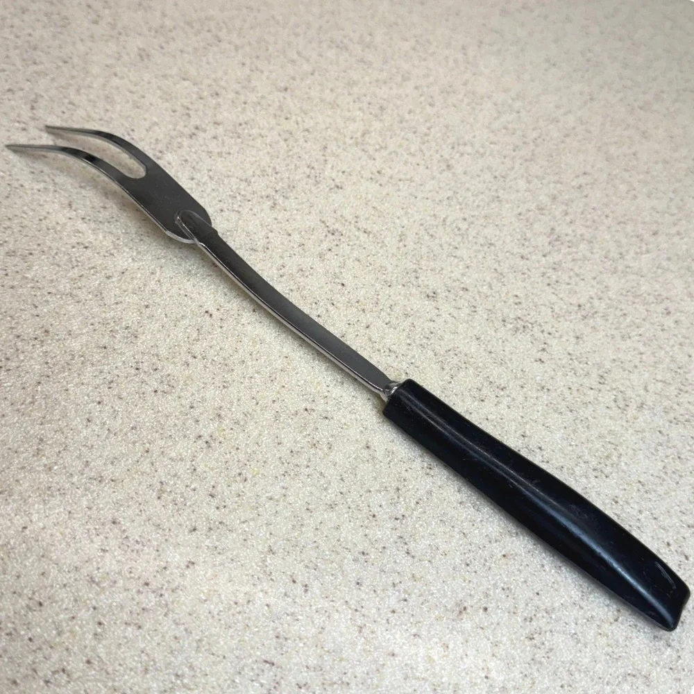 Vintage Ekco USA Meat Carving Fork Stainless‎ Steel Black Handle 2 Tine Tool